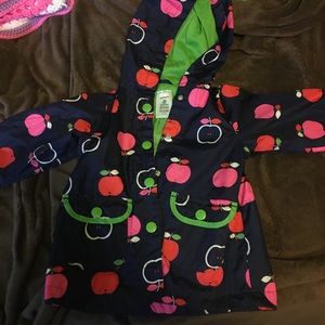 2T girls navy blue rain coat with red and pink apples